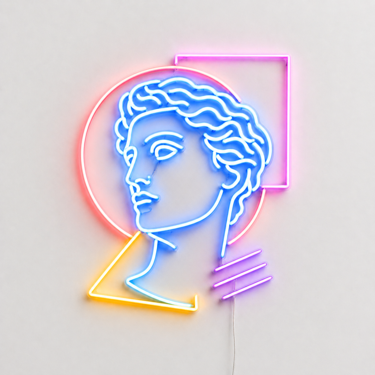 Néon LED Marble représentant une tête de statue grecque en profil avec formes géométriques sur mur blanc