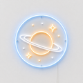 Néon LED Apollo 11 représentant la planète Saturne avec anneaux et étoiles dans cercle bleu sur mur blanc