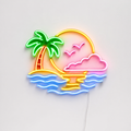 Néon LED One Day représentant un coucher de soleil tropical avec palmier mer et nuage rose sur mur blanc