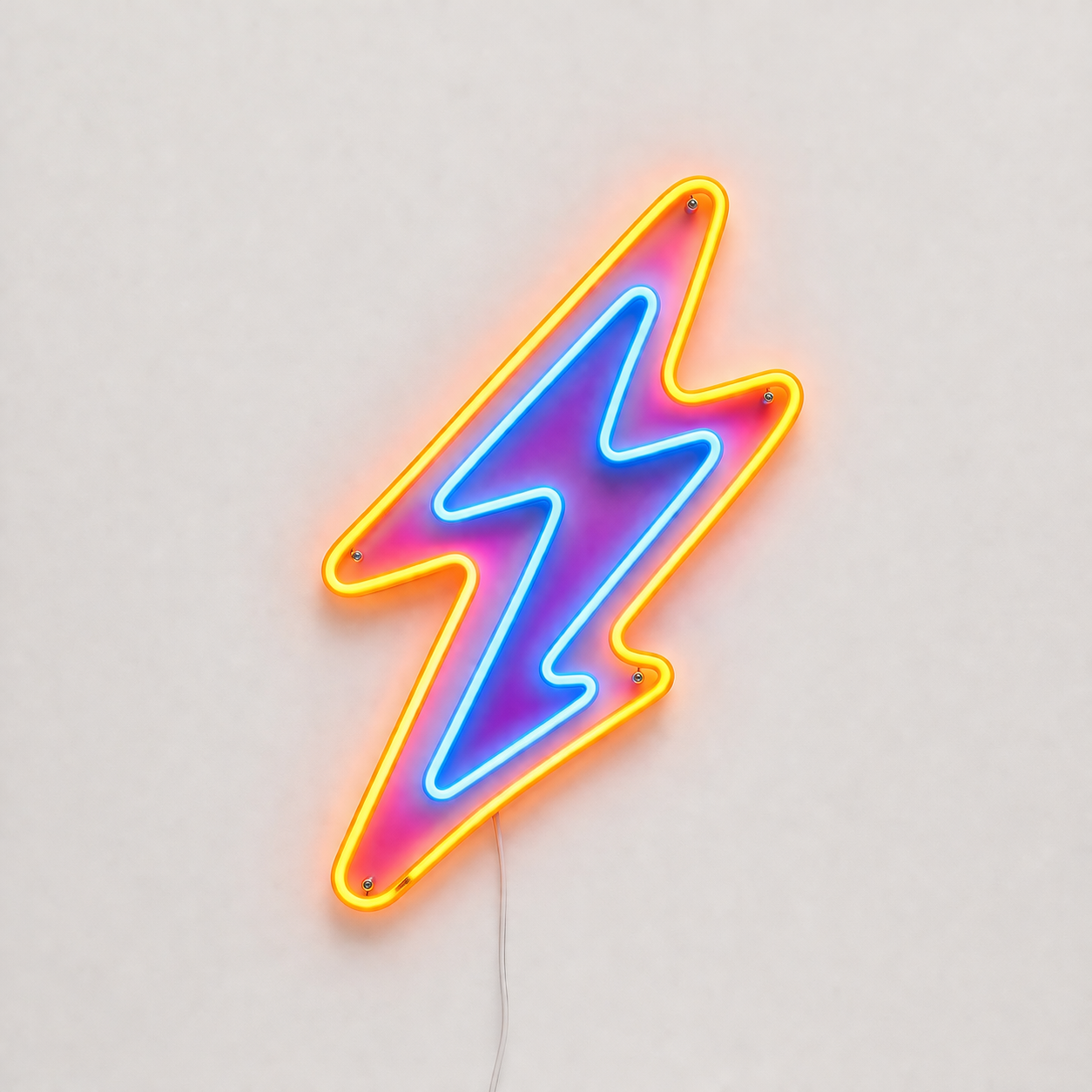 Néon LED Drive en forme d'éclair jaune bleu et rose sur mur blanc