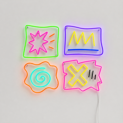 Néon LED 4 Moods grille de 4 cases avec symboles abstraits multicolores sur mur blanc
