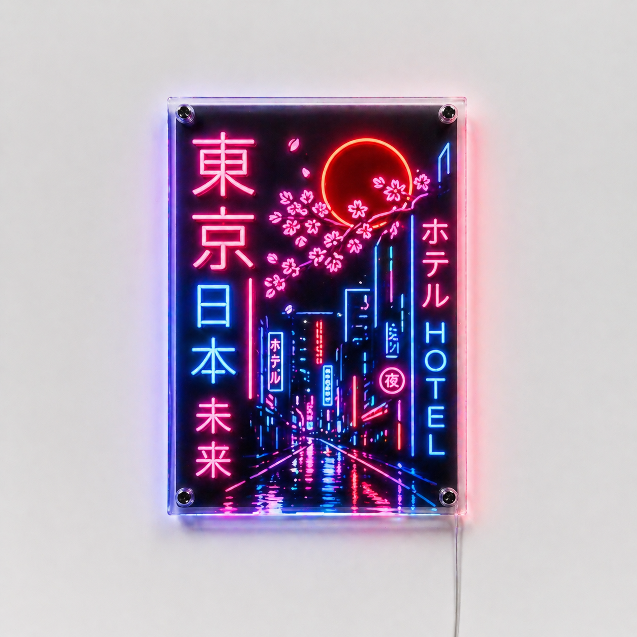 Néon LED Yoru représentant une rue de Tokyo la nuit avec kanjis, lune rouge et cerisier dans cadre plexiglass